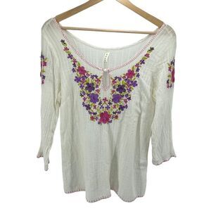 Roper Womens Blouse Top Embroidered 100% Cotton White Purple Medium